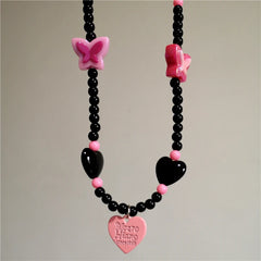 Lunivop Y2K Silver Color Bowknot Strawberry Pendant Chain Necklace Heart Cross Beaded Choker For Women Sweet Cool Aesthetic Jewelry Gift