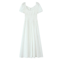 Lunivop Holiday White Bow O neck Elastic Body Puff Sleeve Long Dress Women Slim Ruched Waist A-lined Swing Dresses Summer Robe Vestidos