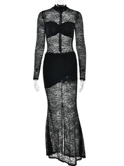 Lunivop Sexy Sheer Lace Two Piece Sets Women Skirt Suit Long Sleeve Bodysuit Long Skirt Female Spring Skinny Elegant Skirt Sets