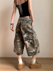 Lunivop American Vintage Hole Camouflage Shorts 2025 Summer Casual Calf- Length Pants Straight Loose Wide Leg Jeans for Women