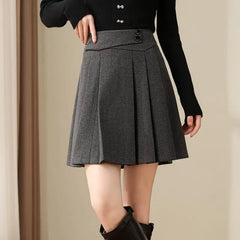 Lunivop Preppy Style Pleated Wool Skirt Women Elegant Grey Sweet Mini Skirts Vintage Solid A-line Casual Autumn Short Skirts