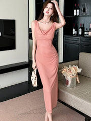 Lunivop New Pink Mesh Swinging Collar Sexy Sling Long Dress Summer Pleated Bodycon Prom Clothes Women Korean Elegant Evening Dress