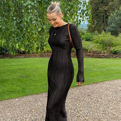 Lunivop Dulzura Autumn Striped Ruched Ruffle Sexy Y2K Clothes Long Sleeve Bodycon Midi Dresses For Women Club Party Elegant Outfit