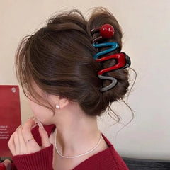 Lunivop New Fashion Red Wave Hair Claw Clip for Women Korean Sweet Acrylic Bead Large Shark Clip Ponytail Headwear Hair Accessories
