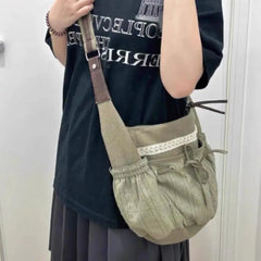 Lunivop Sweet Cool Bow Canvas Shoulder Bags Women Vintage Drawstring Pocket Chic Casual Crossbody Bag Ladies Retro Messenger Bag Bolsos