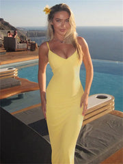 Lunivop V-Neck Summer Halter Dresses Female Backless High Waist Slim Sexy Solid Patchwork Spaghetti Y2k Women's Long Dress 