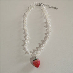 Lunivop Vintage Aesthetic Cute Strawberry Pendant Handwoven Pearl Flower Choker Necklace Women's Holiday Party Jewelry Y2K Accessories