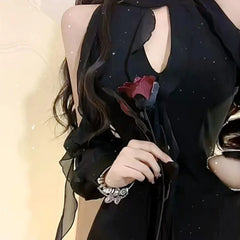 Lunivop Black Sexy Chiffon Dress Women Elegant Ruffle Mesh Mini One-piece Dress Fairycore Sweet Luxury Bodycon Korean Style