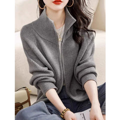 Lunivop Women's Zip Up Sweater Cardigan Cozy Knit Stand Collar Zipper Front Plain Sweater Jacket Female Korean Chic Fall Winter Outfit