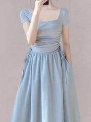 Lunivop New Elegant Summer Short Sleeve Vacation Dress For Women Square Neck Casual Solid Party Dresses Korean Chic Slim A-line Vestidos