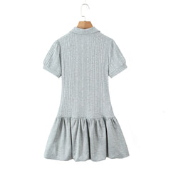Lunivop Preppy Style Gray Buttons Polo Collar Knitted Short Puff Sleeve Dress Women Slim Low Waist Spliced BUD Swing Mini Dresses Robe