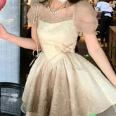 Lunivop Japanese Summer Lolita New Spliced Lace Gauze Bandage Fashion Slim Minimalist Casual Puff Sleeve Princess Party Dresses