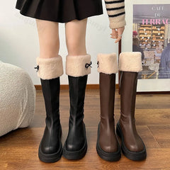 Lunivop Winter Warm Plush Women Knee High Boots Ladies Fashion Bowknot Round Toe Thick Bottom Long Boots Retro Botas De Mujer