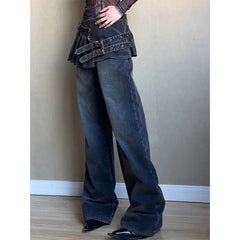 Lunivop Black Womens Jeans High Waist Vintage Design Hip Hop Straight Baggy Denim Pants Street Y2K American Style Wide Leg Denim Trouser