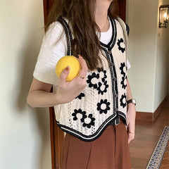 Lunivop Daisy Crochet Vest for Women Sleeveless Button Down Open-knit Sweater Top Summer Teen-girl Boho Vacation Outfit