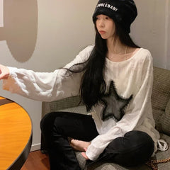 Lunivop Streetwear Drawstring Pleated Loose Long-sleeved T-shirt Women Autumn New O-Neck Star Stitching Distressed Casual Tops