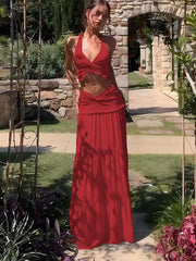 Lunivop Sexy Sleeveless Skirt Two Pieces Sets For Women V-neck Hollow Out Crop Tops And Long Skirt Patchwork Two Pieces Sets