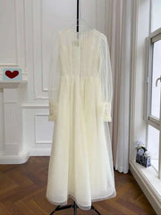 Lunivop Solid Mesh Flower Spliced Dresses For Women Round Neck Long Sleeve Thin Female Elegant Dress 2025 Autumn New