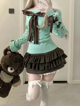 Lunivop Y2k Kawaii Lolita Knitting Long Sleeve Bow 2-piece Set Vintage Chic Slim Off Shoulder Sweater + High Waist Lace Skirt Suit New