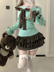 Lunivop Y2k Kawaii Lolita Knitting Long Sleeve Bow 2-piece Set Vintage Chic Slim Off Shoulder Sweater + High Waist Lace Skirt Suit New