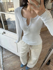 Lunivop Harajuku Striped Causal Simple T-shirt Women Y2k Aesthetic Single Breasted Grunge Tees Streetwear Bodycon Autumn Fairy Tshirts