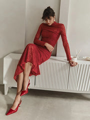 Lunivop Elegant Turtleneck Lace Two Piece Sets Women Long Dress See Through Long Sleeve Dress Female Winter Skinny Party Outfit