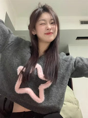 Lunivop Pink Sweet Star Pullovers Women V Neck Short Sweaters Long Sleeve Knitted Harajuku Preppy Style Y2k Loose Sueter Mujer Korean