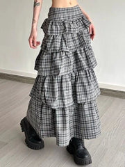 Lunivop Vintage Plaid Skirt Women Preppy Style Sweet Ruffle Cake Long Skirt Harajuku Fashion Patchwork Layered Skirts Street
