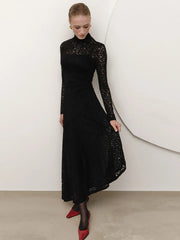 Lunivop Elegant Turtleneck Lace Two Piece Sets Women Long Dress See Through Long Sleeve Dress Female Winter Skinny Party Outfit