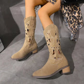 Lunivop Hollow Vintage Western Boots Women Autumn New Chunky Heels Knee High Cowboy Boots Woman Fashion V-cut Knight Booties