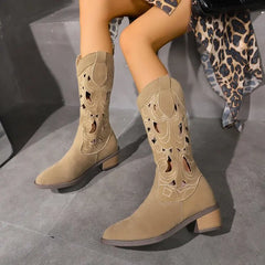 Lunivop Hollow Vintage Western Boots Women Autumn New Chunky Heels Knee High Cowboy Boots Woman Fashion V-cut Knight Booties