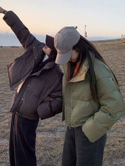 Lunivop PU Leather Stand Collar Short Down Coats Women Loose Solid Single Breasted Coat Female Autumn Winter Chic Waterproof Outwears