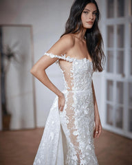 Lunivop White High End Lace Flowers Mermaid Wedding Dresses Sweep Train Off The Shoulder Appliques Long Bridal Gowns Vestidos De Novia