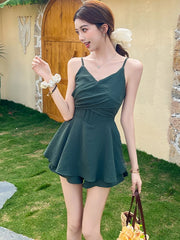 Lunivop Green Pleated Bodycon V-Neck Sexy Sling Dress Summer Elegant Ruffled Casual Short Dress Women Korean Fashion Holiday Dress