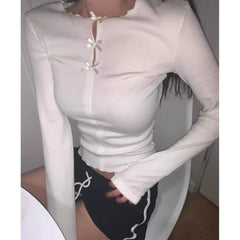 Lunivop Sexy Hollow Out Grunge Ruffled Shirts Femme Slim Y2k Aesthetic Solid Streetwear Cropped Tops Women Harajuku Grunge Bow T-shirt