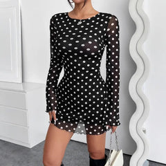 Lunivop European American New Elegant Women's Mesh Polka Dot Print Round Neck Backless Long-sleeved Dress