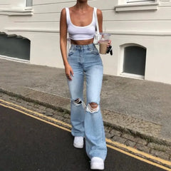 Lunivop Women's Spring and Fall New Fashion Casual Ripped High-waisted Slightly Flared Pants Jeans Slim-fit Wash Jeans Long Pants Y2k