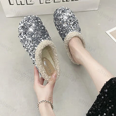 Lunivop Fashion Shiny Cotton Slippers Women Autumn Winter New Warm Home Bright Diamond Slippers Fashion Outer Wear Women's Flat Shoes