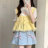 Lunivop Summer Academy Style Solid Color Doll Neck Top Short Sleeved Tank Top Vest Vest High Waist Solid Color Bow Women's Short Skirt