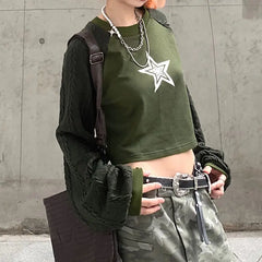 Lunivop Women Hip Hop Coats Harajuku Casual Loose Hooded Sweatshirt Green T-shirt Patchwork Star Print Hoodie Short Cut With Exposed