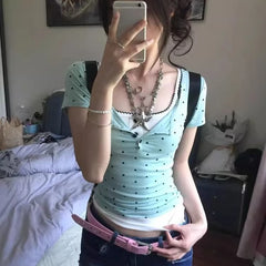 Lunivop Sweet All-match Fake Two Piece T-shirt for Women 2025 Summer New Tops Mujer Y2k E-Girl Slim Waist Short Sleeve Tee Shirt