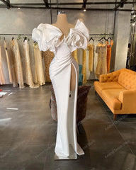 Lunivop Elegant White Ruffled Satin Long Bridal Gowns Side Hi Slit Mermaid Wedding Dresses Beaded Pleated Satin Prom Evening Dress Custo