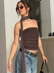 Lunivop Fashion Contrast Patchwork Y2k Top Female Mesh See-Through Lace-Up Cropped Vest Top Clothes Ladies Summer Crop Tops