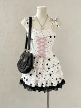 Lunivop White Star Print Vintage Y2K Sexy Pink Corset Lace Up Bow Strap Tiered Ruffle Mini Dress Women Girls Lace Trim Party Daily Wear