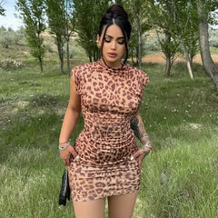 Lunivop Women's sexy leopard print round neck sleeveless hip wrap short dress women's summer new
