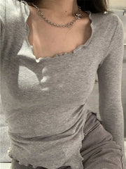 Lunivop Long Sleeve T-shirts Women Fungus Line Irregular Hem Knitted Slender Autumn Bottoming Tees Chic Fashion Sexy Solid Ulzzang New