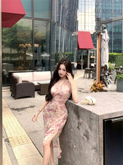 Lunivop Woman Dress Floral Printed Sleeveless V Neck Halter Slim Vintage Split Temperament Party Dresses French Style Chic