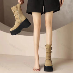 Lunivop Autumn Winter Women Boots Fashion Buckle Round Toe Wedges Platform Boots Suede Leather Punk Goth Women Street Boots