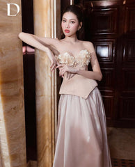 Lunivop Pretty Satin Strapless Sweetheart Florals Appliques Evening Dress Women Long Elegant Wedding Party Prom Cocktail Dress Gowns