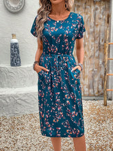 Lunivop Women Floral Print Drawstring Waist Pocket Casual Midi Dress Summer